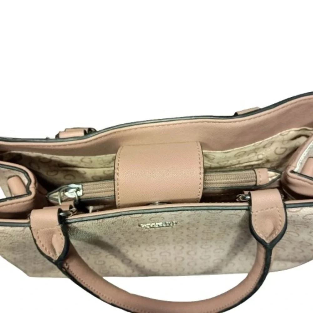 Guess Logo Print Satchel Handbag Beige Tan Convertible Strap‎ Top Handle Bag